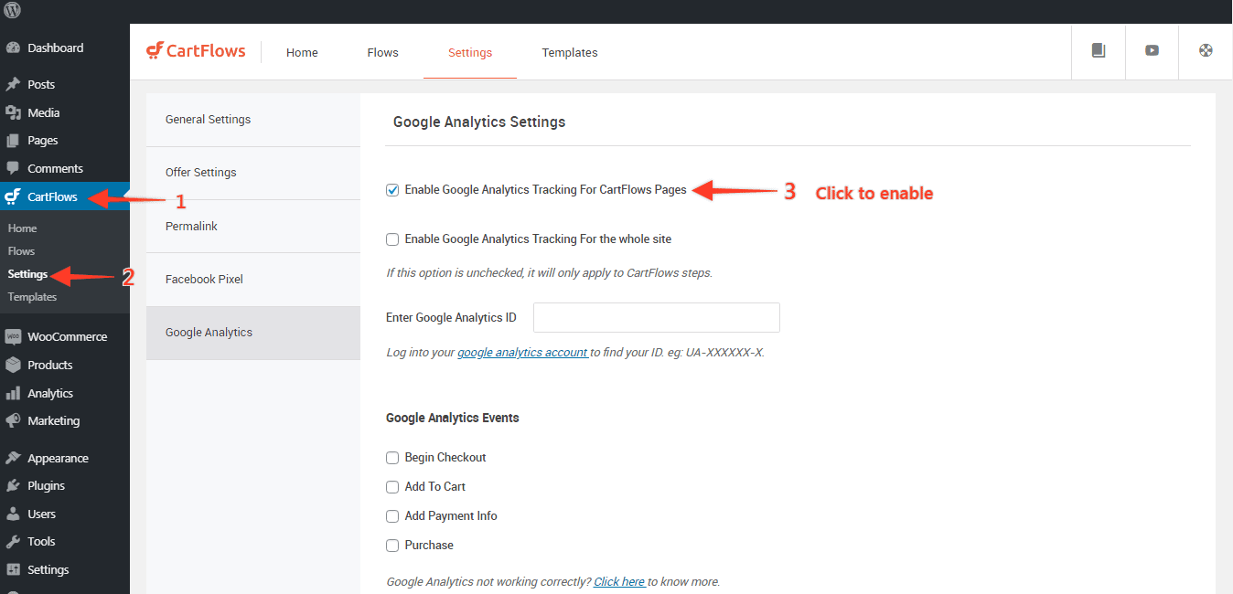 Scroll down to the Google Analytics Settings