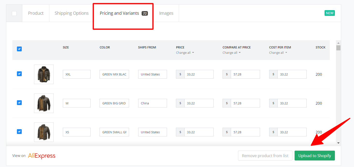 pricing and variant option in Salehoo