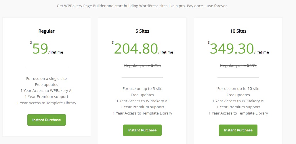WPBakery Page Builder Pricing Plan