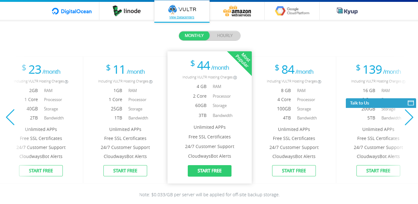 cloudways review- vultr pricing