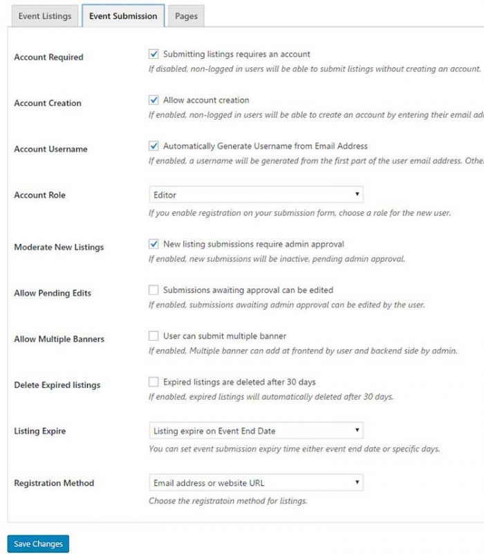 WP Event Manager Account setting