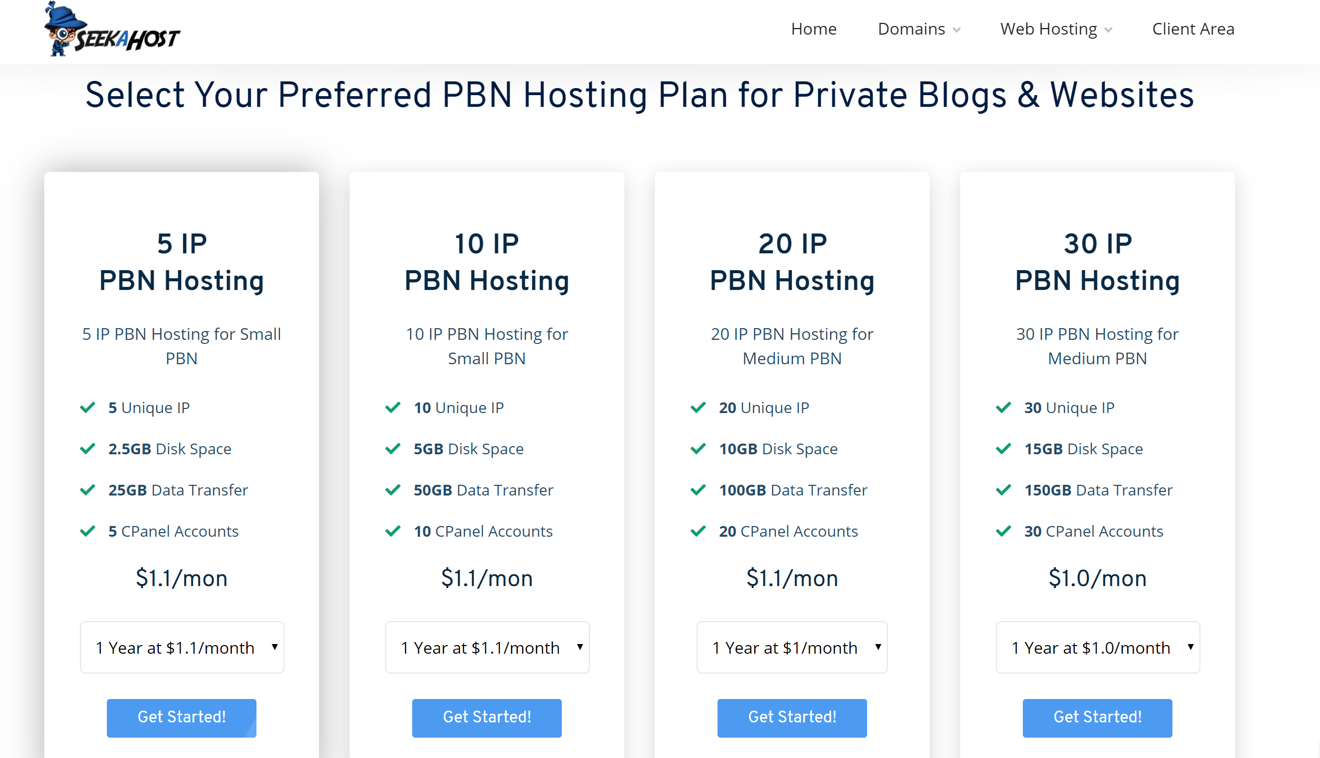 Seekahost PBN hosting pricing plans 