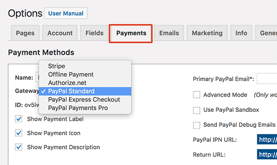 Dashboard per l'impostazione del metodo di pagamento