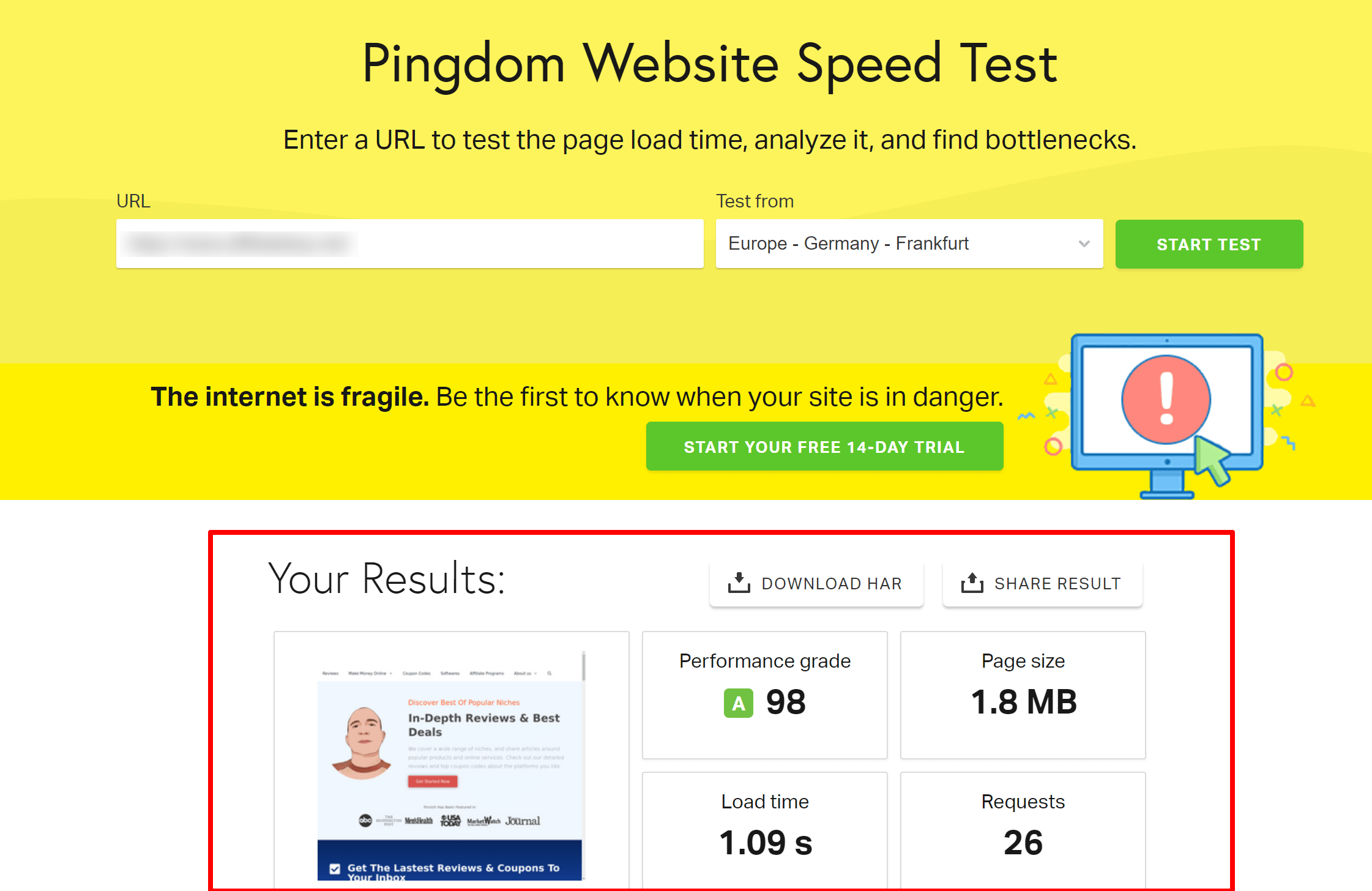 Test de vitesse du site Web Flywheel Pingdom Tools