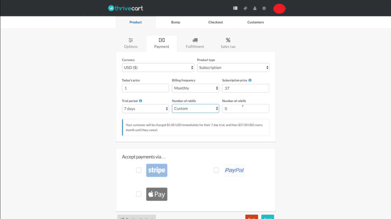 ThriveCart setup the pricing of cart pages