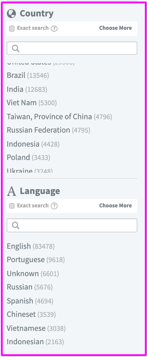 Filter by country and language