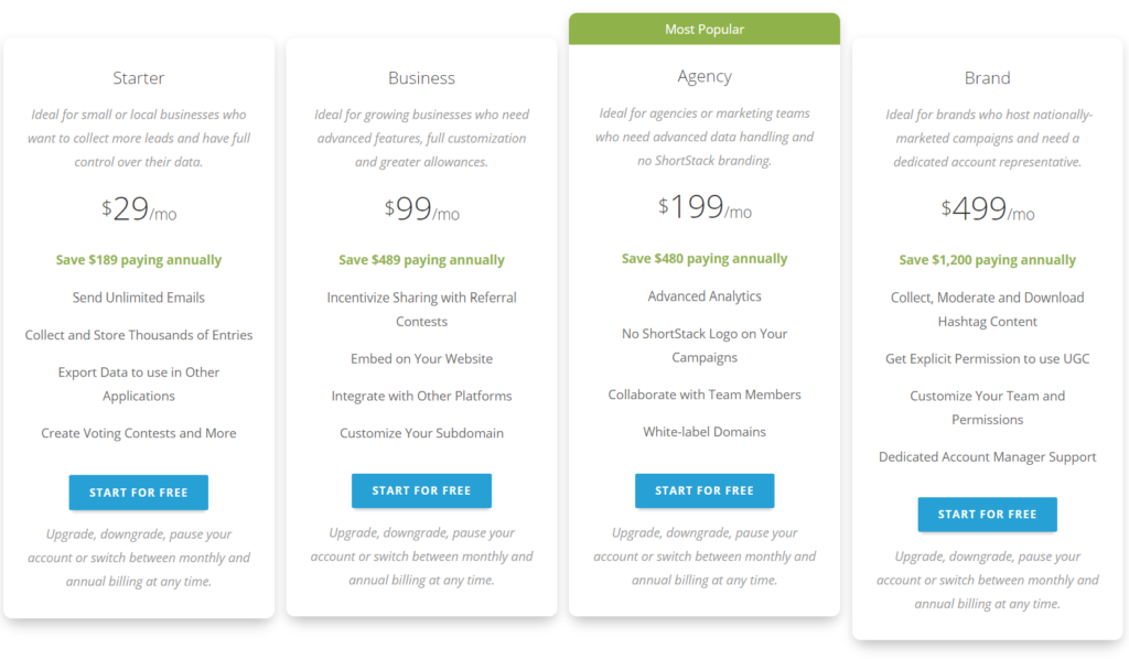 ShortStack Review- Pricing Plans