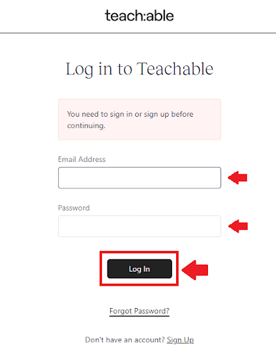 teachable fill login details
