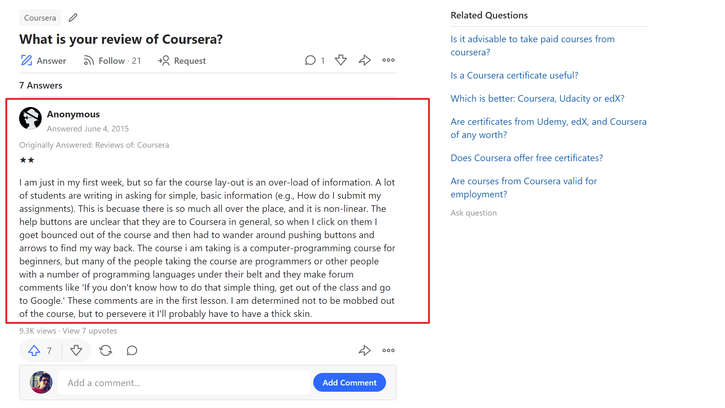 Coursera Reviews on Quora