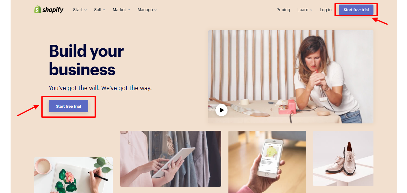 Meilleure plateforme de commerce électronique -Shopify Review Start Signin Page