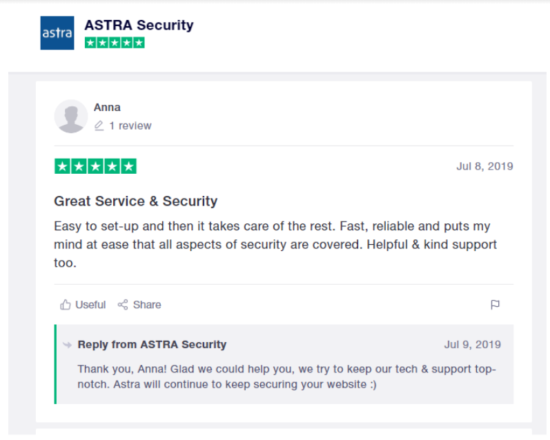 Astra vs Sucuri Comparision Review- Astra Customer Support
