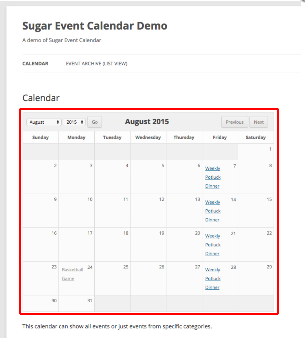 Sugar Calendar Review- Events Demo