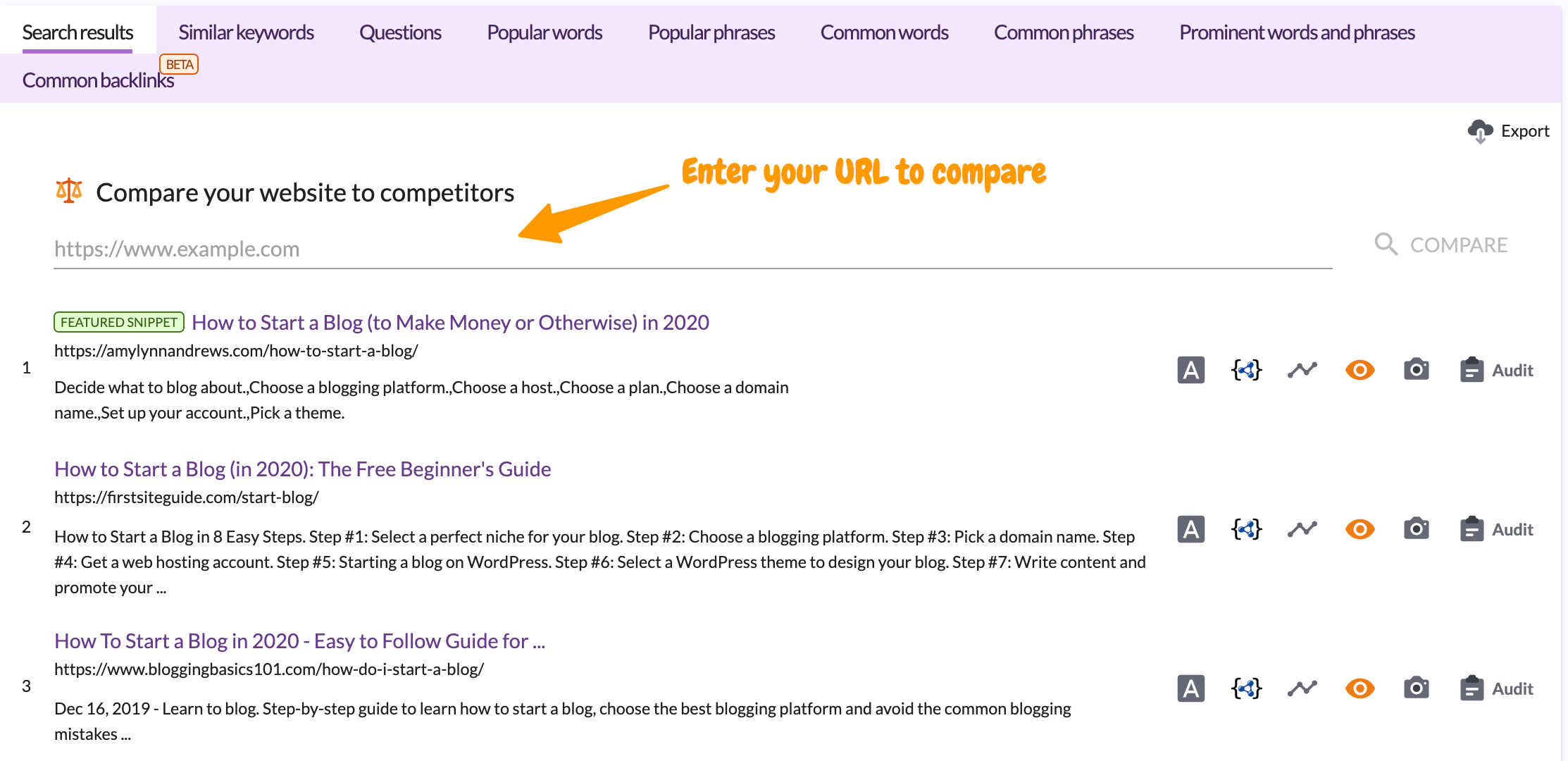 enter URls to compare with competitors Surfer SEO