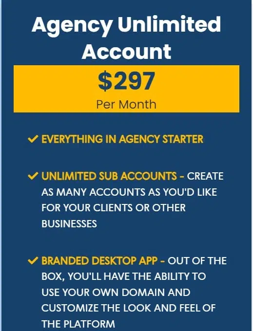 Agency Unlimited Account gohighlevel pricing