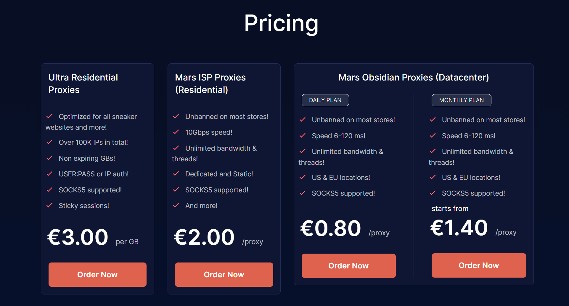 Mars vekilleri fiyatlandırması Marsproxies pricing