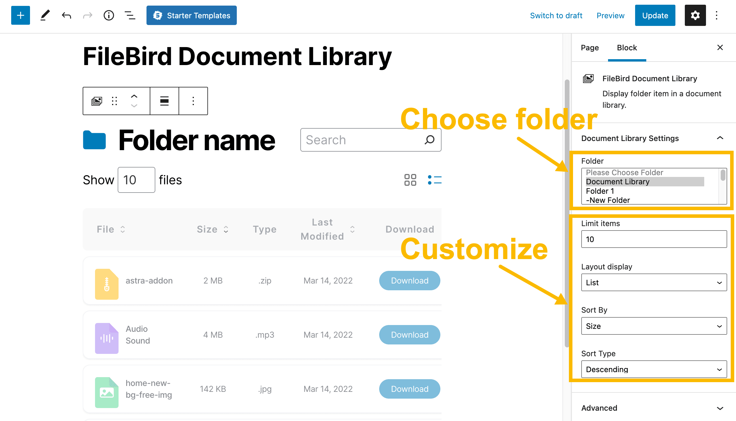 filebird - how to create document library in Gutenberg