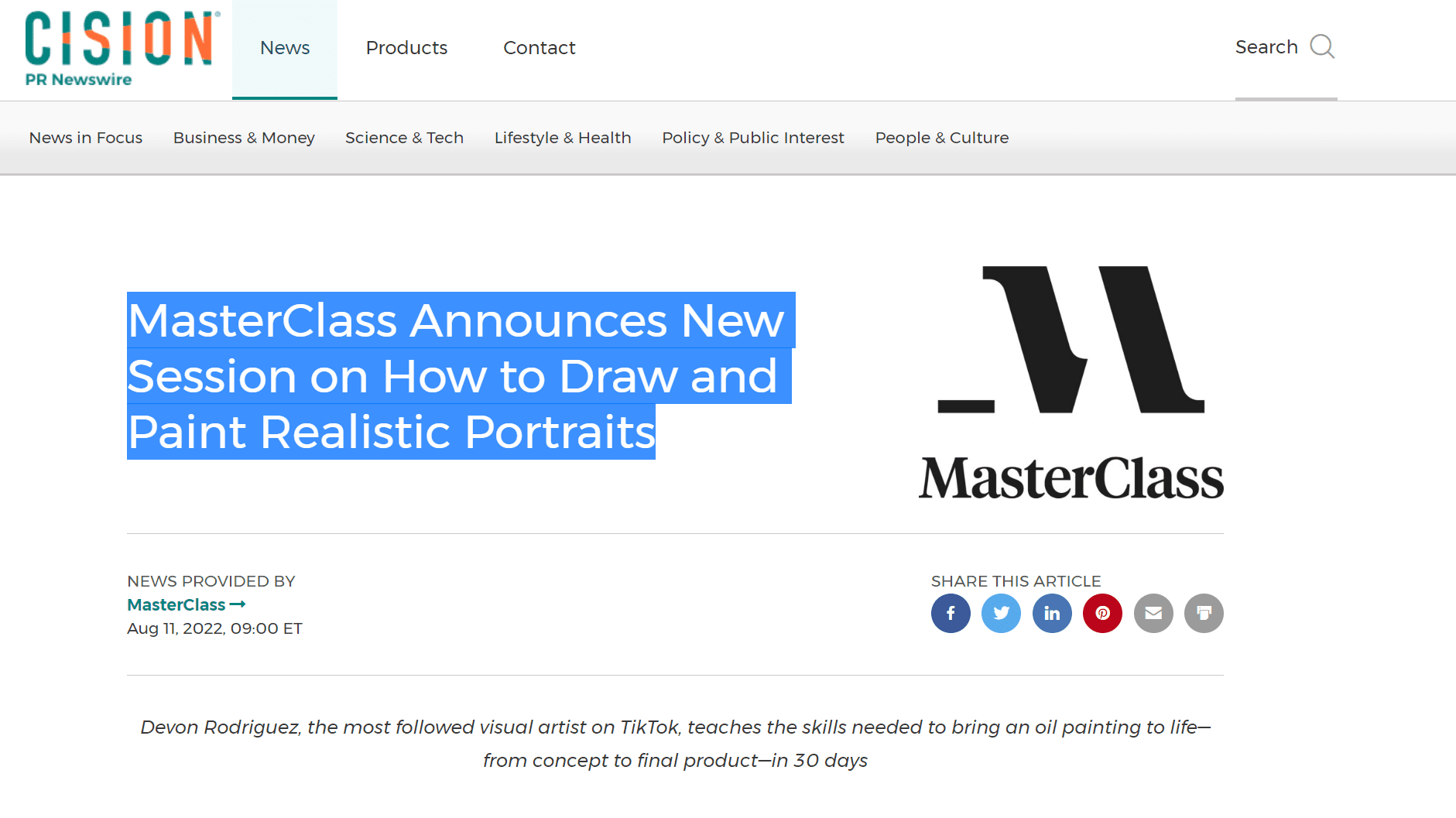 MasterClass Announces New Session on How to Draw and Paint Realistic Portraits
