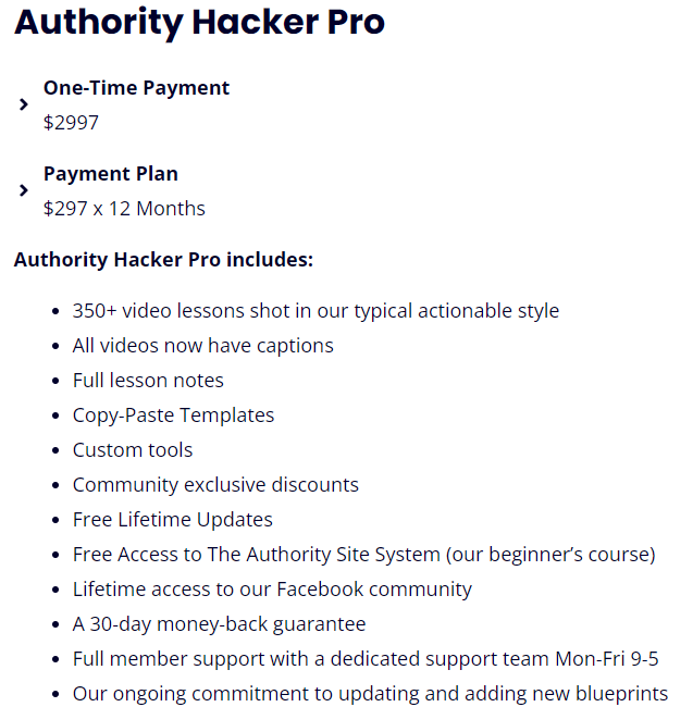 Authority Hacker Pro Pricing Plan