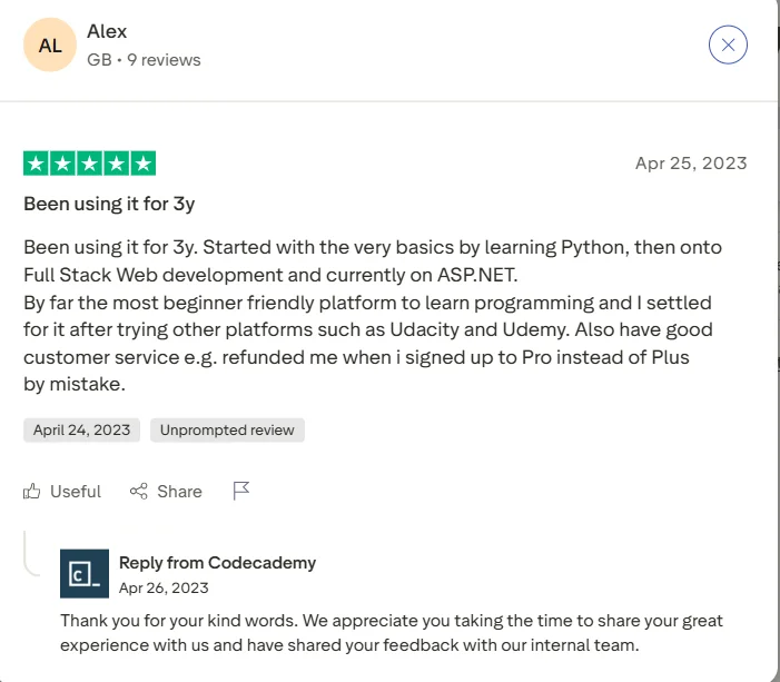 Codecademy Customer reviews 
