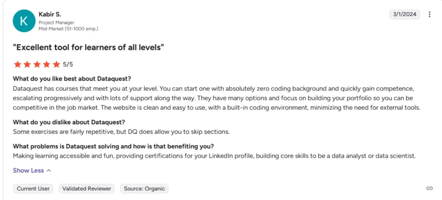Dataquest Customer reviews 