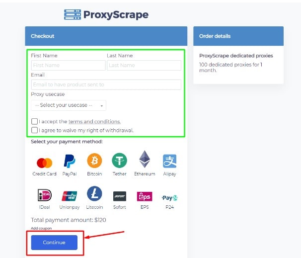 Comment acheter des procurations à partir de ProxyScrape step3