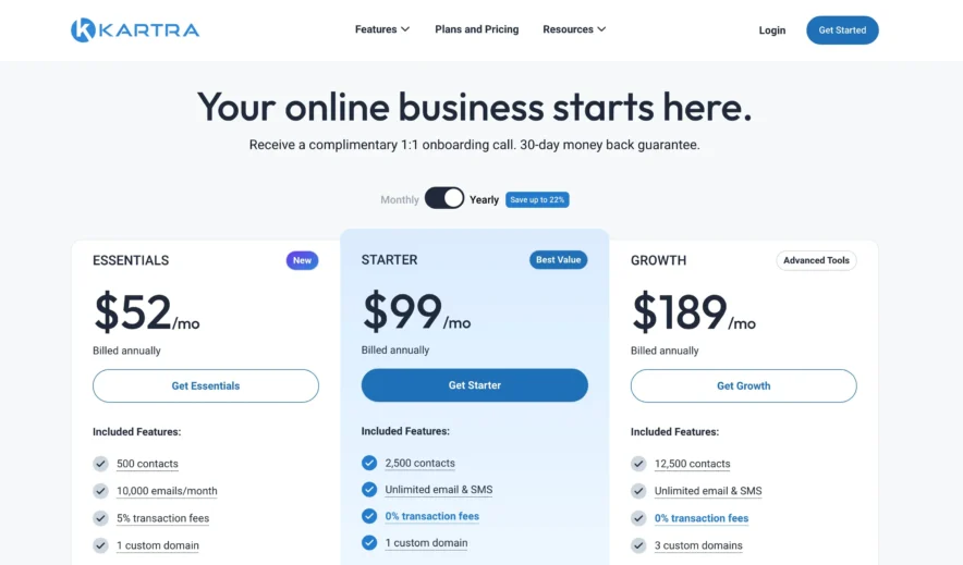 Kartra Pricing Plans - Yearly