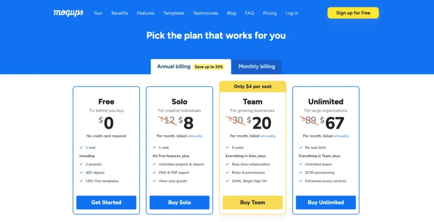 Moqups Price Options