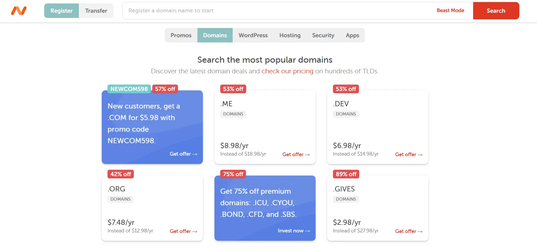 Namecheap Pricing Plans- Domains