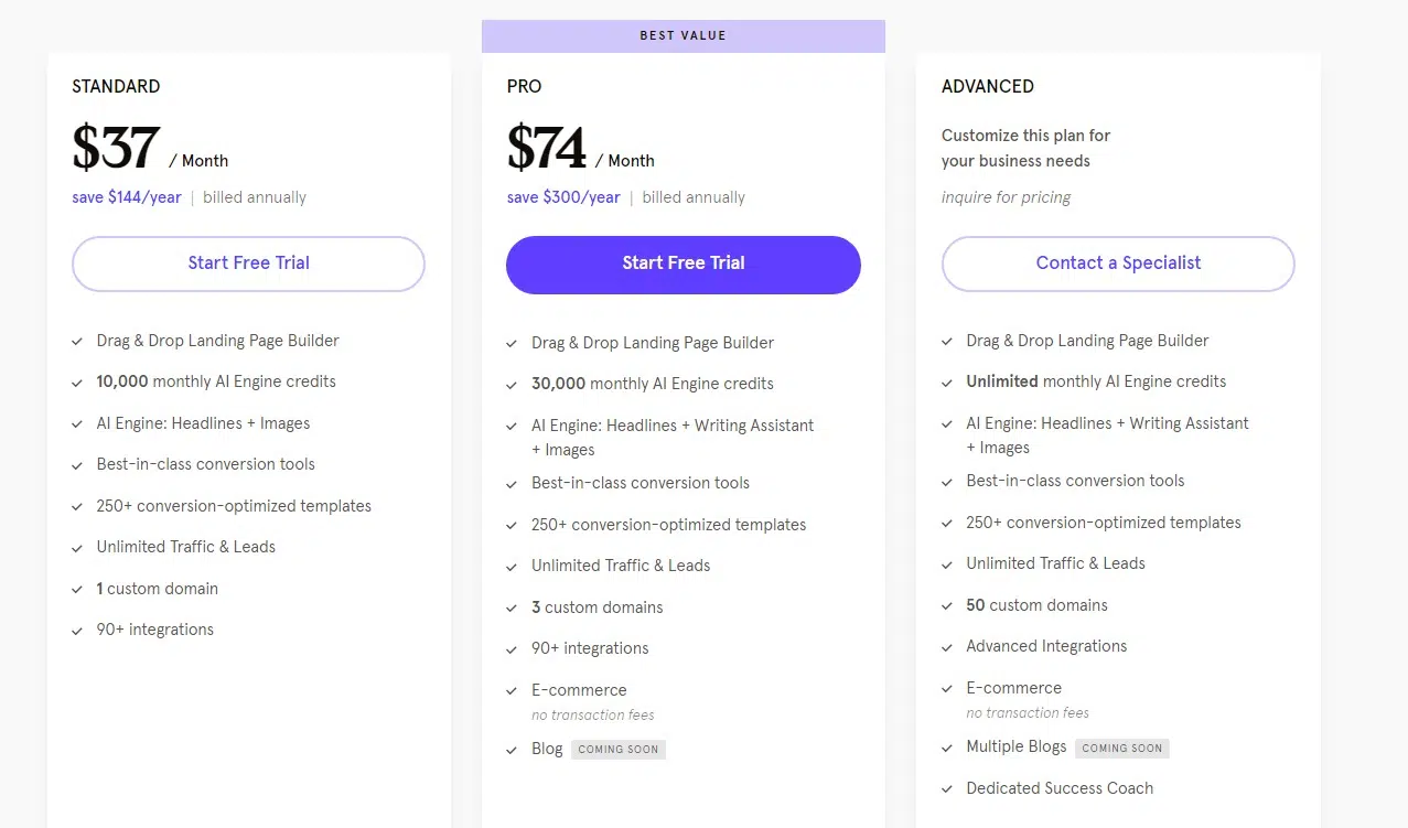 Pricing Plans Of Leadpages