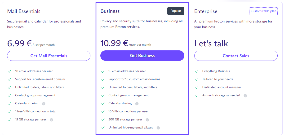 ProtonMail Business Pricing