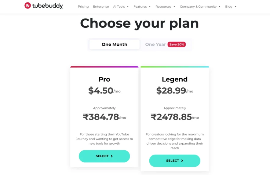 TubeBuddy Pricing Options - One Month