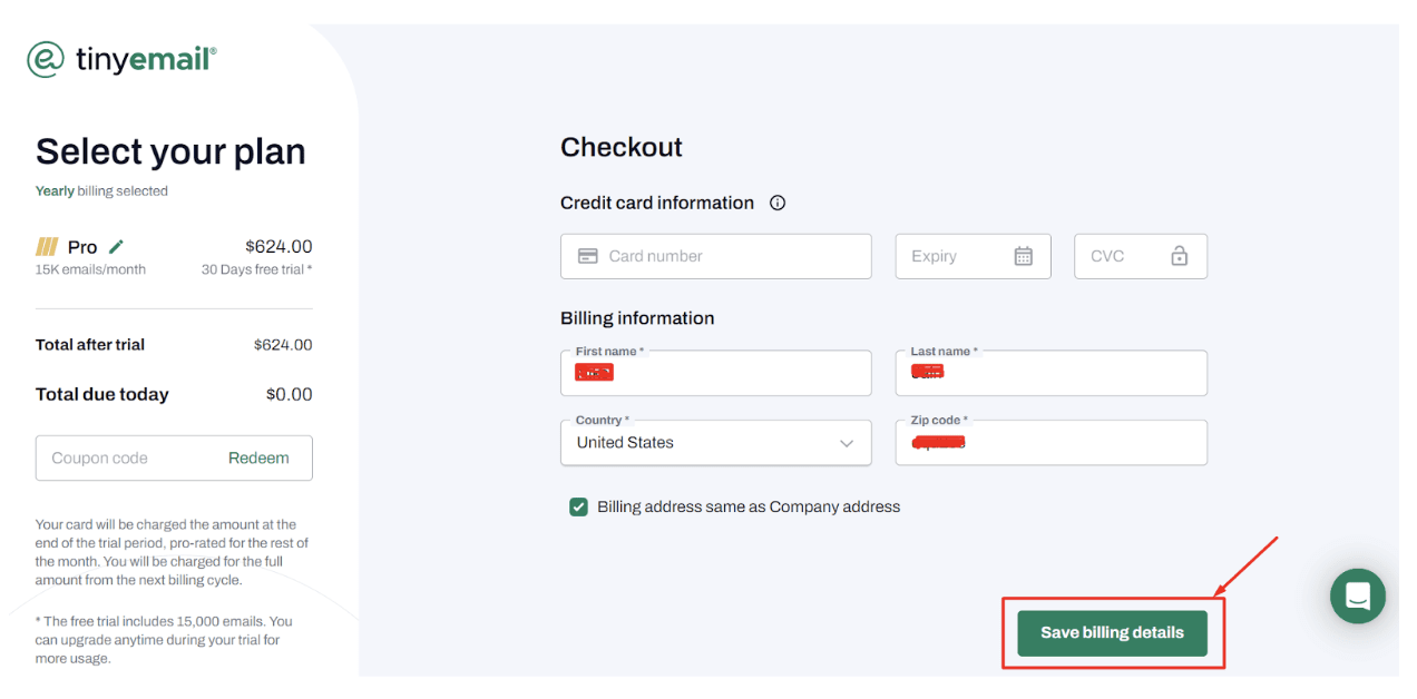 tinyEmail Payment checkout - Step 7