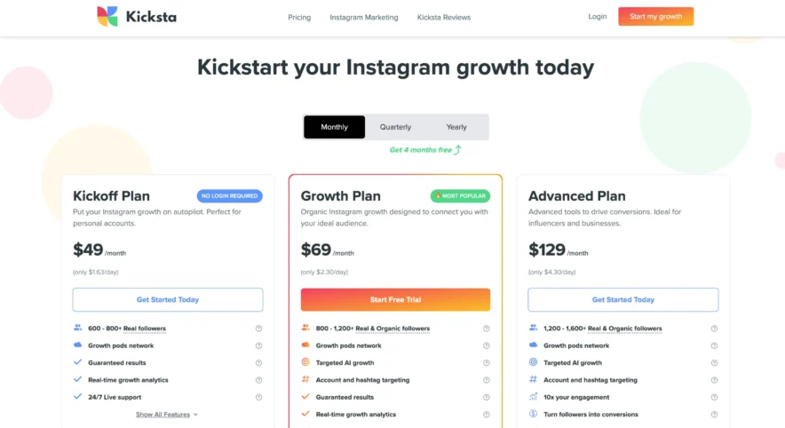 Kicksta Pricing & Plans - Monthly