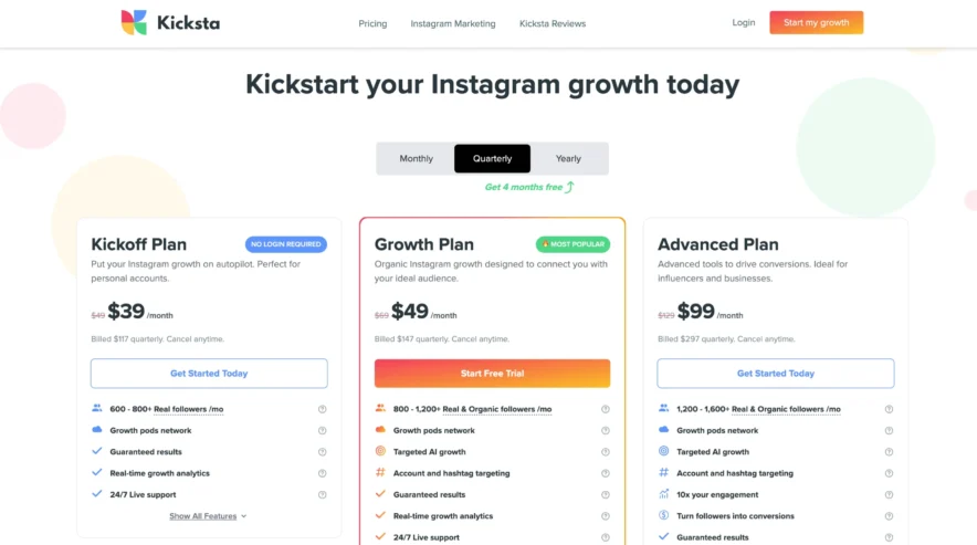 Kicksta Pricing & Plans - Quarterly