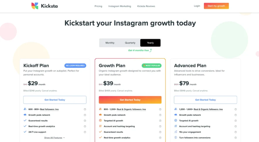 Kicksta Pricing & Plans - Yearly