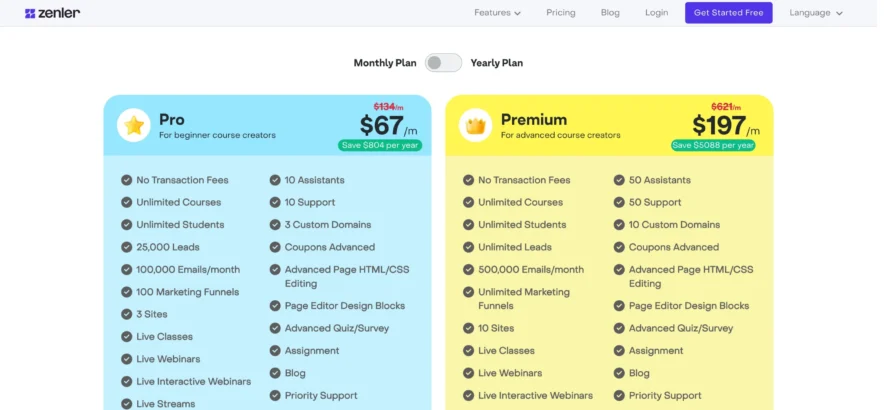 Pricing Options For New Zenler - Monthly