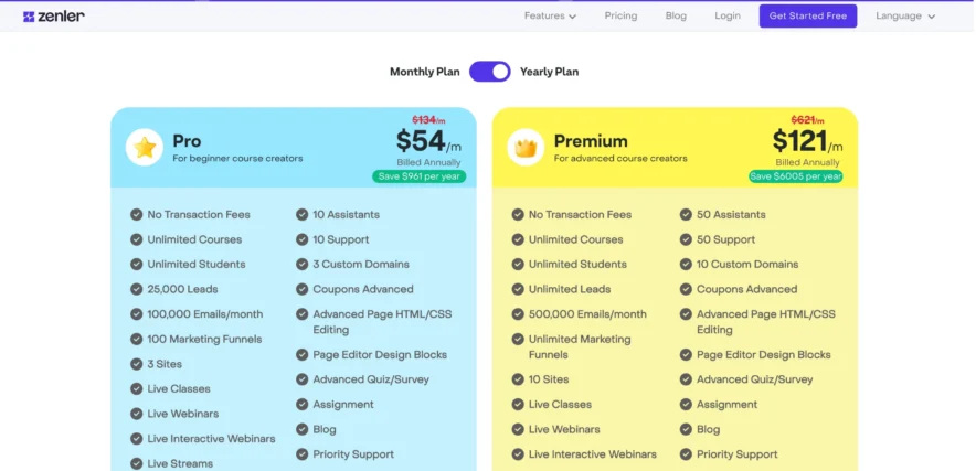 Pricing Options For New Zenler - Yearly