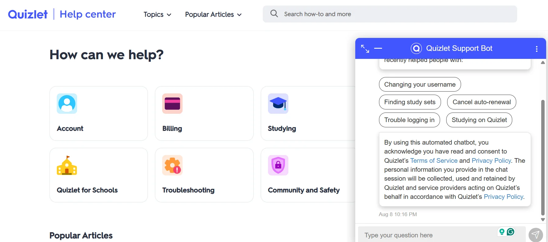 Quizlet Customer support