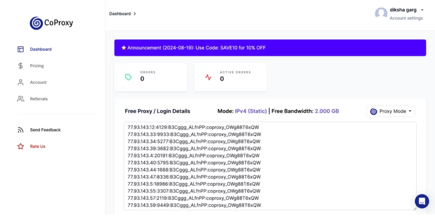 Đánh giá CoProxy - Bảng điều khiển