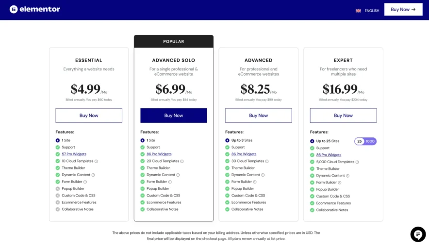 Elementor Pricing Options