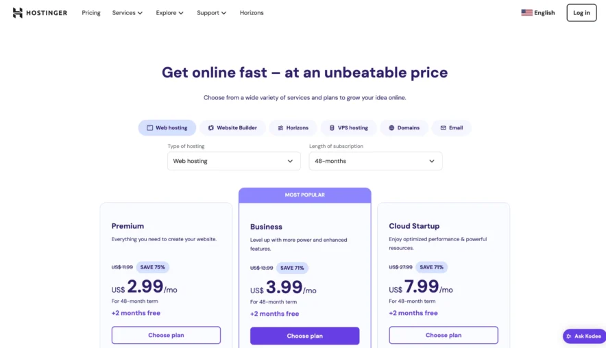 Hostinger Pricing Options