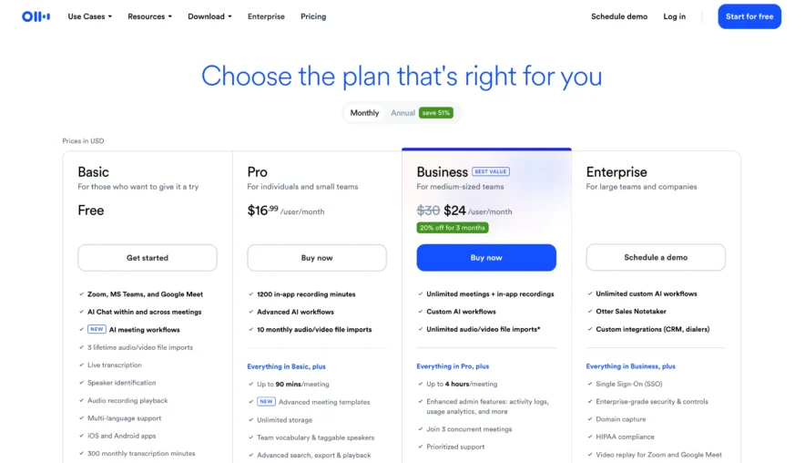 Otter.ai Pricing - Monthly