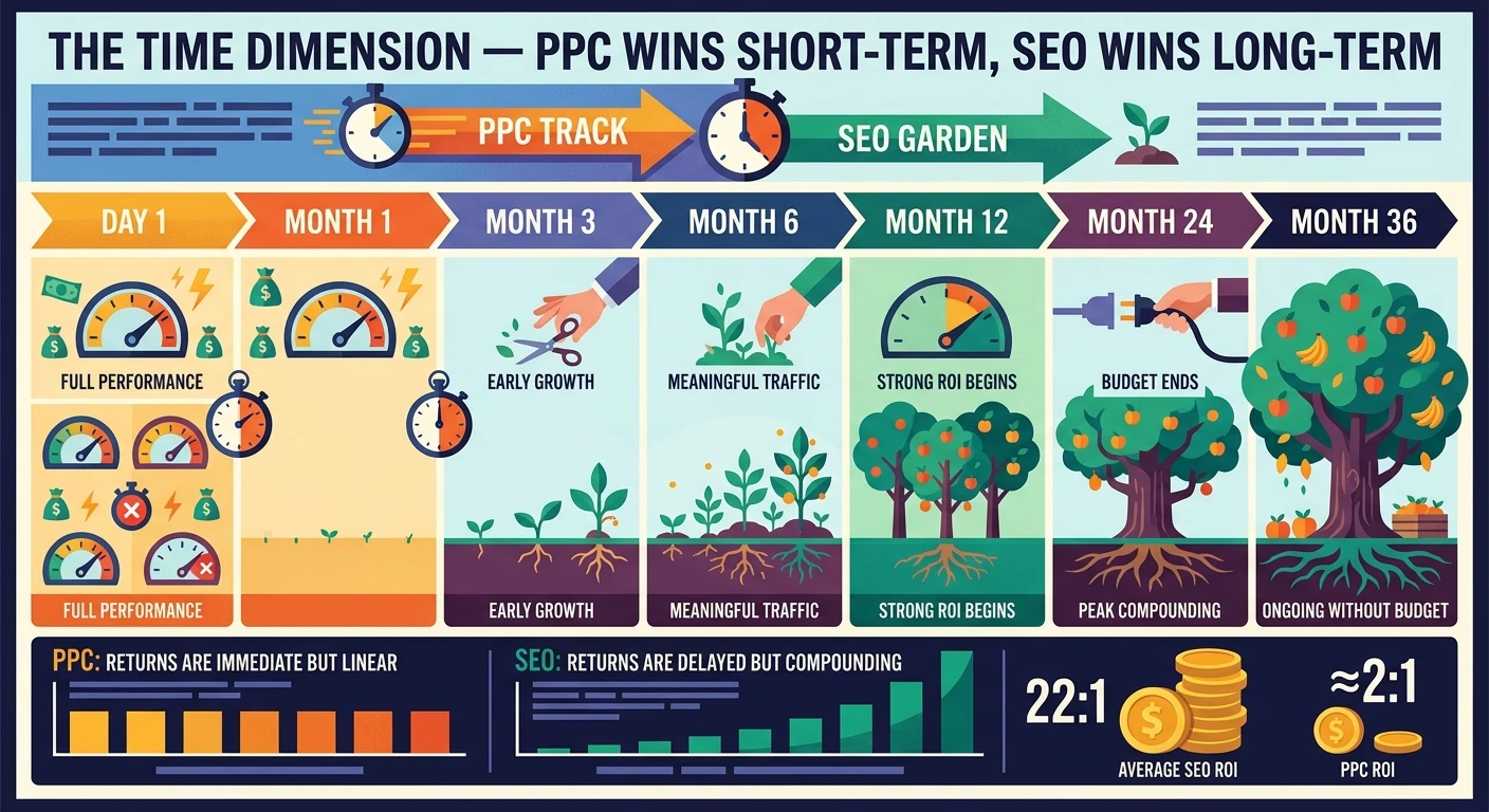 The Time Dimension — PPC Wins Short-Term, SEO Wins Long-Term
