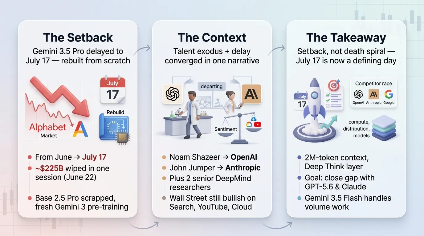 Google Delays Gemini 3.5 Pro to July 17 After Scrapping the Base Model, as Alphabet Sheds $225 Billion