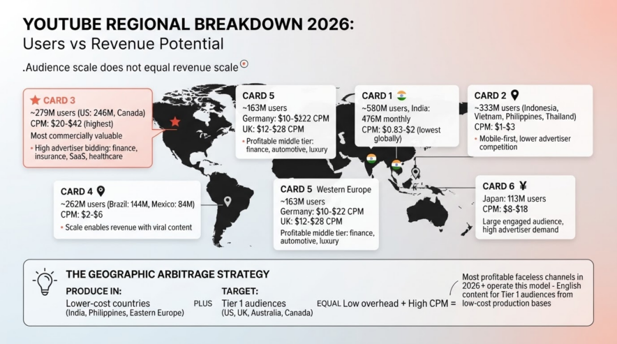 Regional breakdown of YouTube's user base (2026)