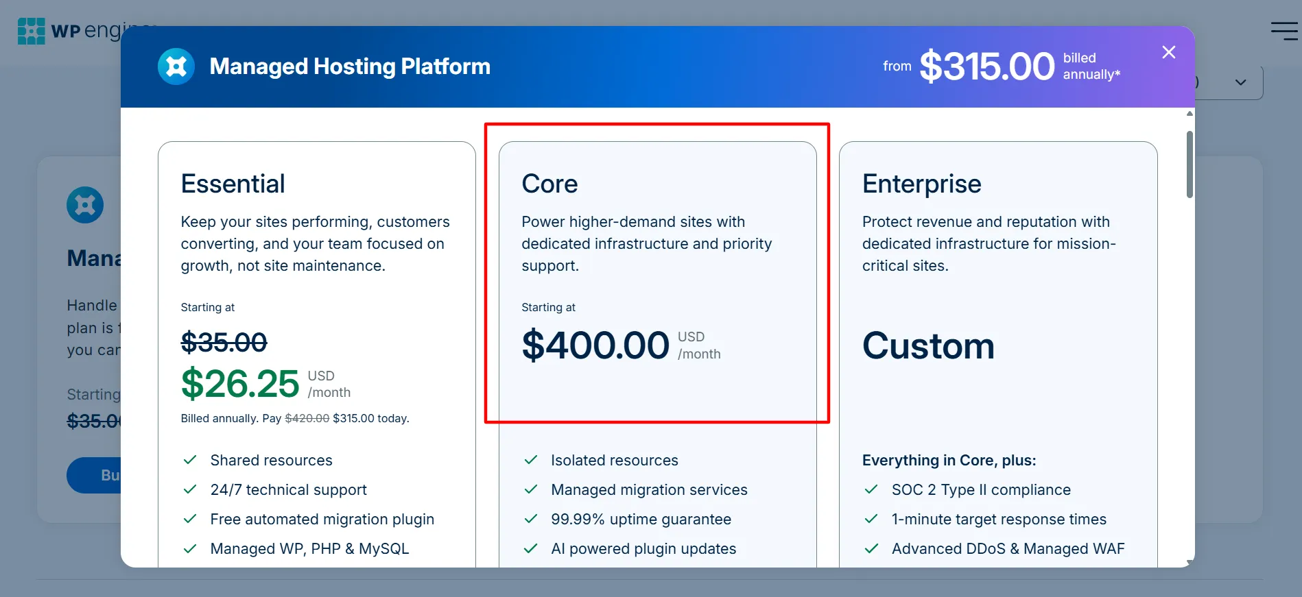 Plan WPEngine Core