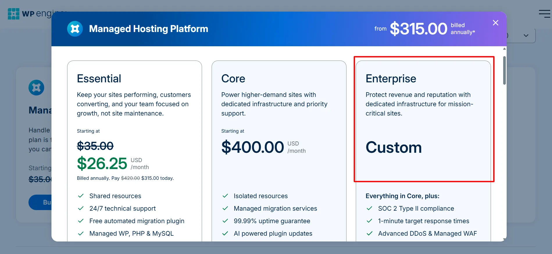 Plan WPEngine Entreprise