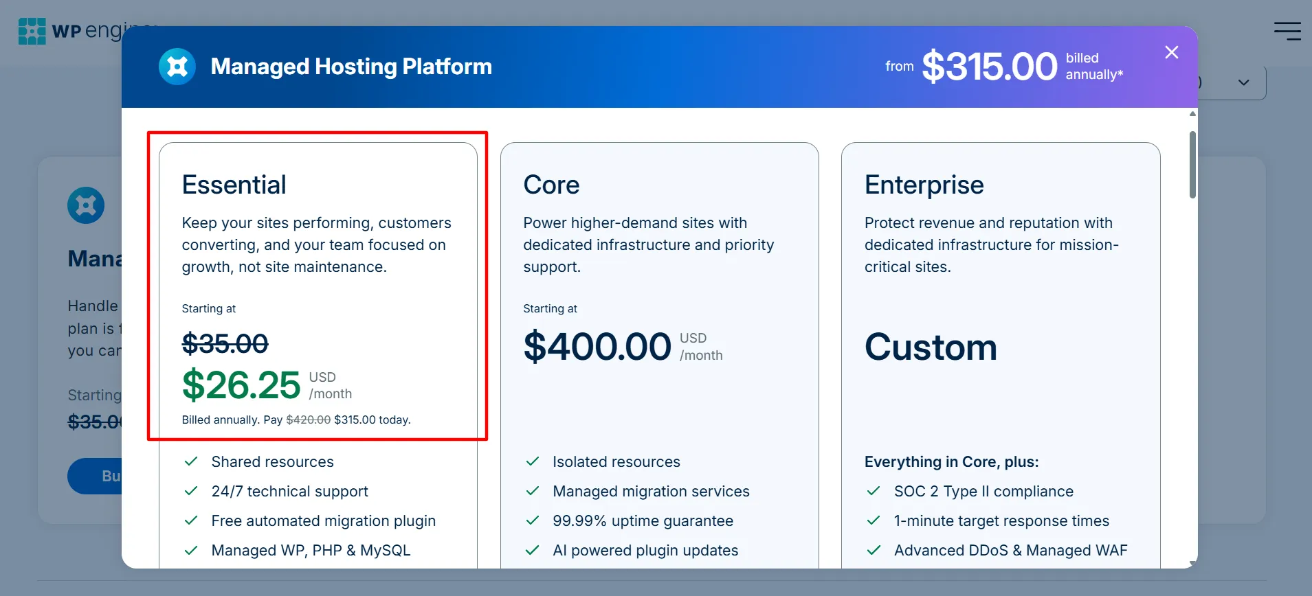 Plan essentiel WPEngine