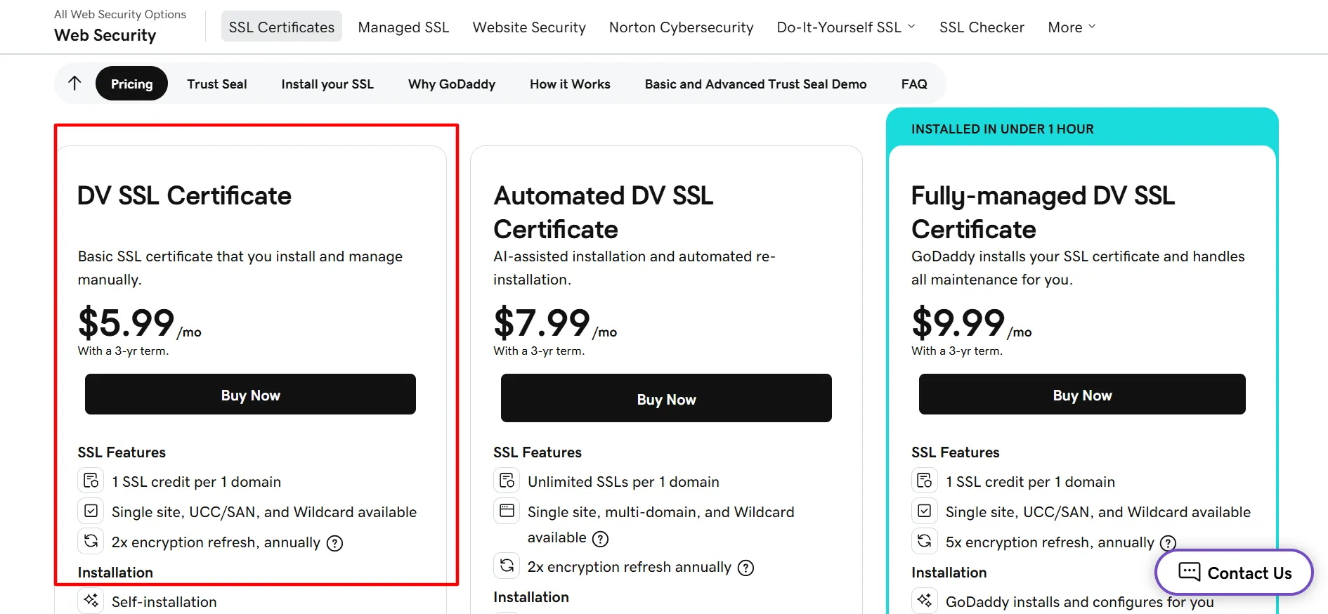 GoDaddy SSL single domain dv ssl