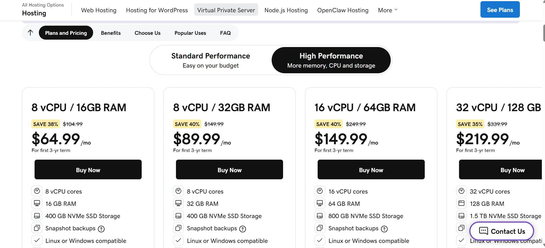 Planos VPS de alto desempenho da GoDaddy